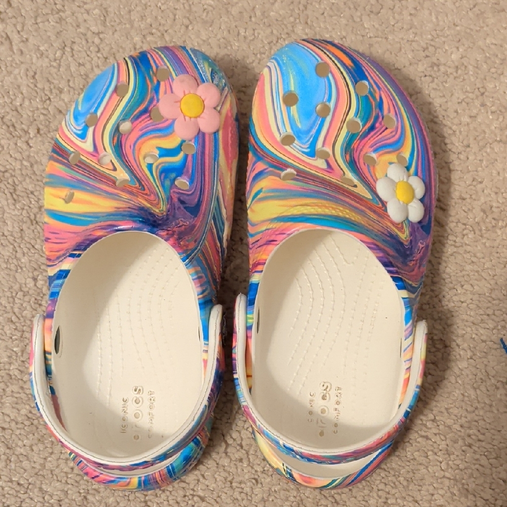 Tie Dye Crocs Size 12 Kids With Two Flowers